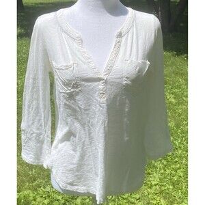 Anthropologie Womens Sz Small White Solid V-Neck Pocket Tee Postage Stamp